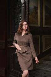 a lady in a brown faux two-piece set